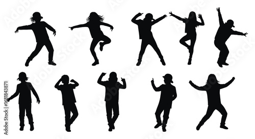 Collection of dancing women in various poses and movements in black silhouette