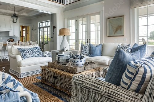 Coastal Living Room Retreat with White Sofas, Wicker Accents, and Serene Blue Pillows Highlights Summer