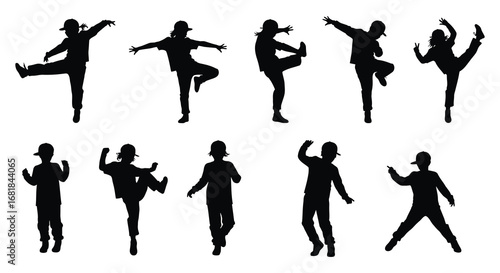 Collection of silhouettes of people dancing in various dynamic poses and movements