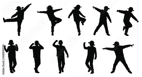 Silhouettes of people dancing and posing in various dynamic movements and positions