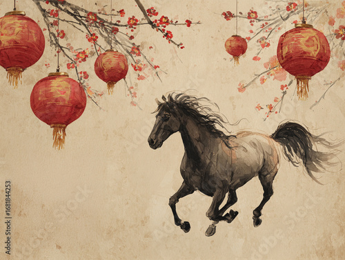 Watercolor horse with lanterns and cherry blossoms