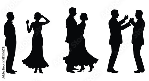 Silhouettes of couples dancing together in formal attire on white background