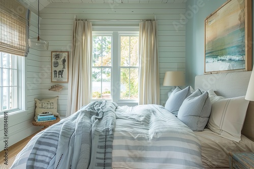 Serene Bedroom Interior with Natural Light, Coastal Decor, and a Relaxing Beach House Vibe