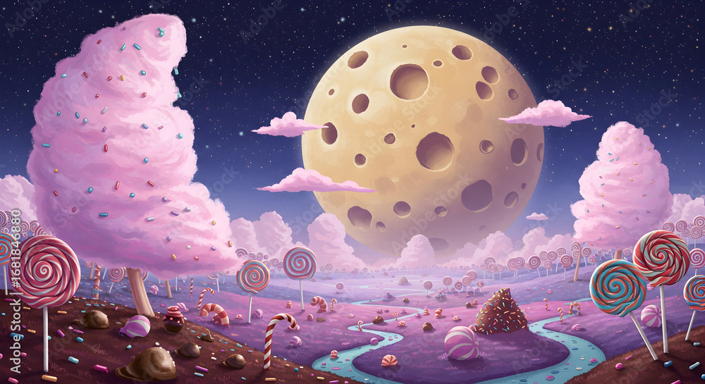 A surreal dream where the moon is made of cheese and stars are sprinkles