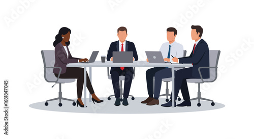 Business team meeting around a table with laptops and discussing work