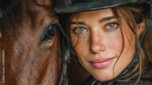 Young woman with freckles and blue eyes stands close to a horse in a stable during the late afternoon light
