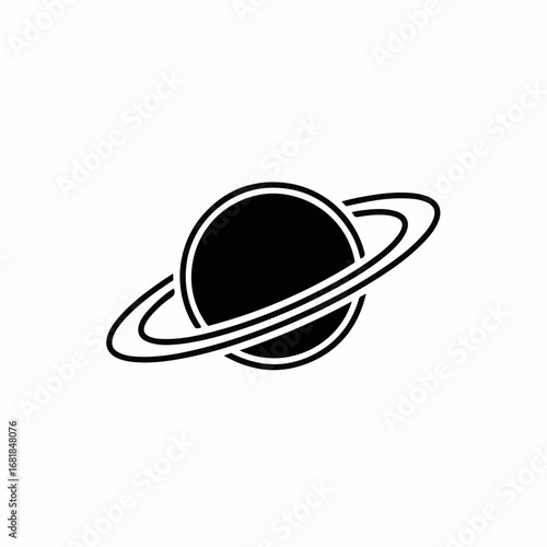 Black Saturn glyph on white showcases minimalistic simplicity, with planet icon floating against blank background. Space planet icon features cosmic ring,