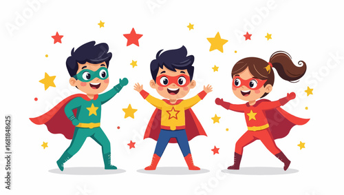 Three cheerful cartoon kids dressed as superheroes with star symbols, colorful outfits, and capes on a white background, concept of teamwork. Vector kids illustration, children's