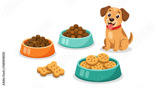 Cute cartoon puppy sitting near bowls of dry dog food and biscuits, colorful flat style on white background, concept of pet feeding and care. Vector illustration