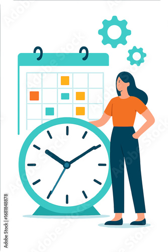 Woman standing beside large clock and calendar, flat graphic style, white background, concept of time management. Modern flat vector sticker label with icon and badge style