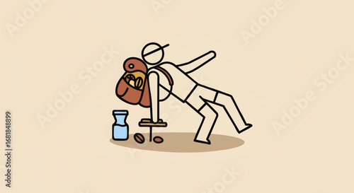 A simplified vector illustration of a backpacker stumbling, with coins spilling from an open rucksack onto the ground