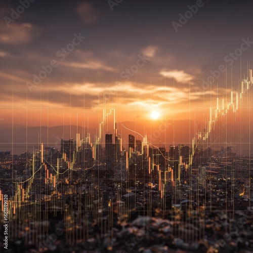 A city skyline at sunset, overlaid with financial chart data, showcasing growth and success.