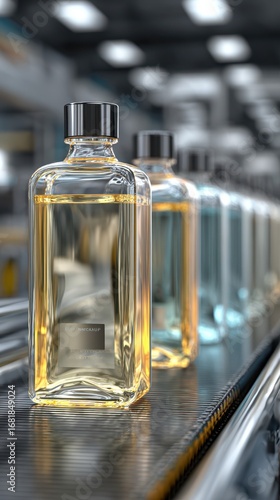 Perfume bottles moving along a conveyor belt in a factory during the production process