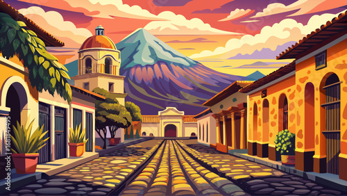 Antigua Guatemala’s cobblestone streets display pastel houses, Baroque ruins, and arched corridors with volcanic backdrops. Golden dusk colors the horizon; semi-realistic flat vector highlighting hist
