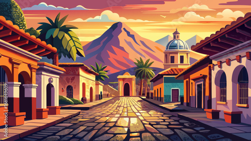 Antigua Guatemala’s cobblestone streets display pastel houses, Baroque ruins, and arched corridors with volcanic backdrops. Golden dusk colors the horizon; semi-realistic flat vector highlighting hist
