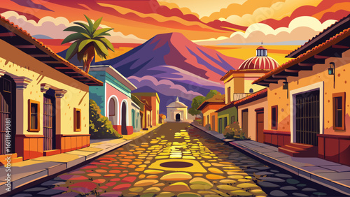 Antigua Guatemala’s cobblestone streets display pastel houses, Baroque ruins, and arched corridors with volcanic backdrops. Golden dusk colors the horizon; semi-realistic flat vector highlighting hist