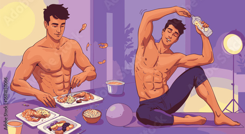 Illustration of a fit, muscular man's daily routine, balancing nutrition by eating a healthy meal and recovering after an intense workout