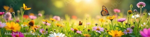 Vibrant Summer Meadow Wildflowers in Bloom, Butterflies Dancing in Soft Sunlight, Idyllic Rural Scene