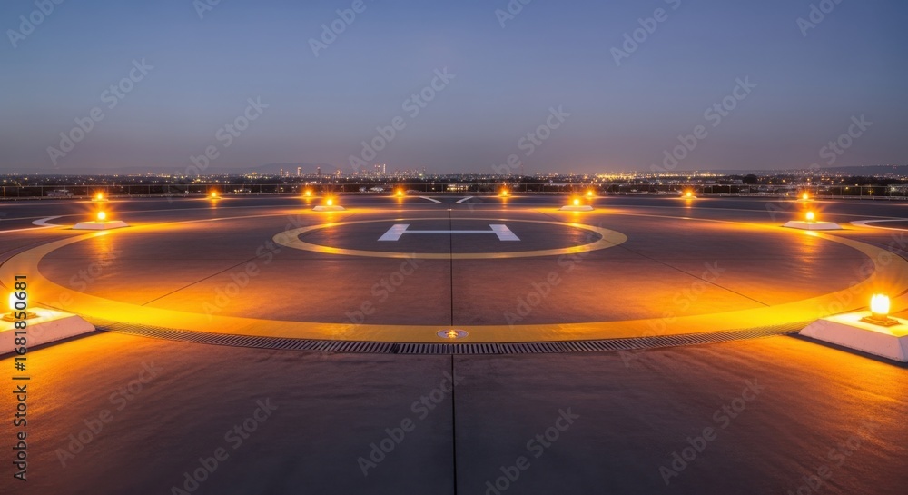 Fototapeta premium Panoramic view of a helipad with perimeter lights mounted on raised pedestals illustrating enhanced visibility in low light conditions.
