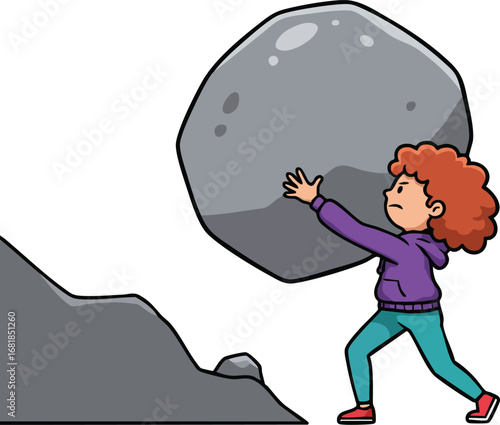 Person pushing large boulder uphill representing perseverance and determination in challenging tasks vector illustration 