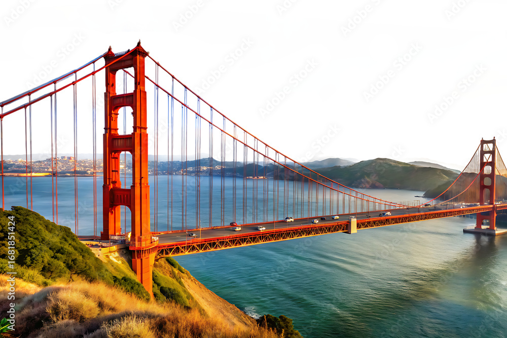 Fototapeta premium Golden Gate Bridge San Francisco California Iconic Landmark Over Water with Coastal Hills and Dramatic Sky isolated on a transparent background