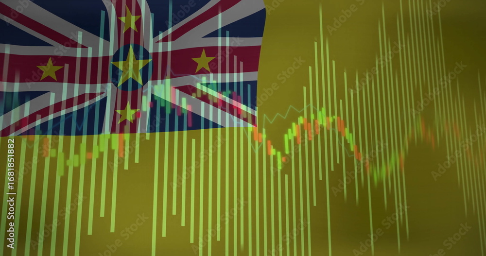 Obraz premium Displaying Niue flag overlaying stock market bar graph on digital backdrop, with candlestick chart