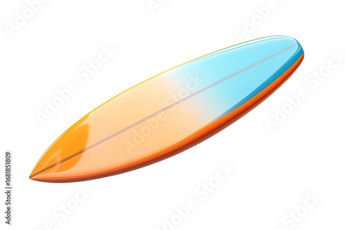 Vibrant orange and blue surfboard isolated on a neutral backdrop for summer sports and beach vibes