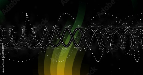 White dotted sine waves oscillating in black canvas, with green yellow gradients and dot clusters