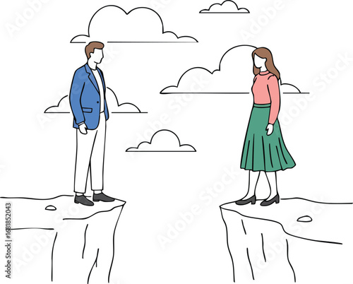 Man and Woman Facing Each Other Across a Cliff Gap with Cloudy Sky Background Vector Illustration