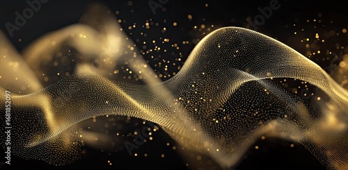 A golden wave of light, composed entirely from tiny dots and lines, against a black background