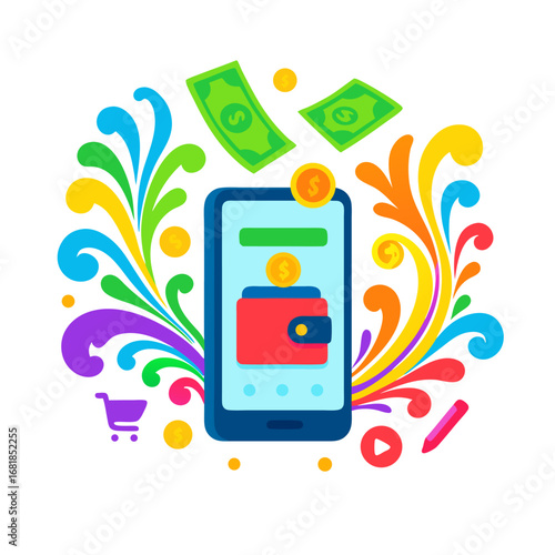 E-wallet with bills coins and confetti splash as a lively digital finance icon