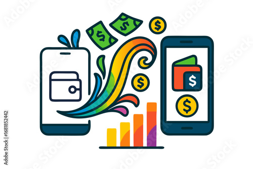 Personal finance growth concept with wallet, phone, cash and rising chart, colorful money flow analytics