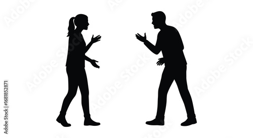 a man and woman standing facing each other in conversation