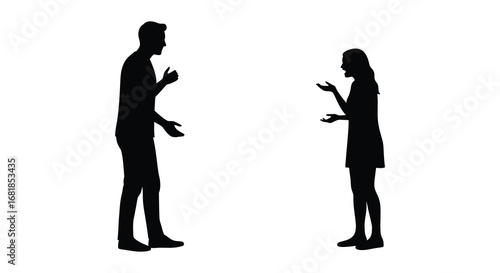 Black silhouettes of a man and woman talking to each other in discussion