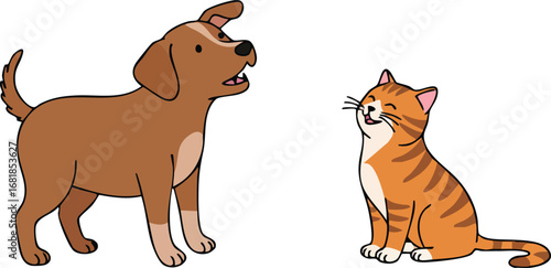 Brown dog and orange tabby cat sitting together vector illustration of friendly pets interaction 