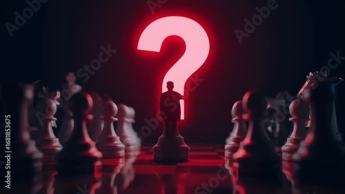A solitary chess piece stands in the foreground, surrounded by others, with a large question mark looming behind, symbolizing uncertainty in strategy
