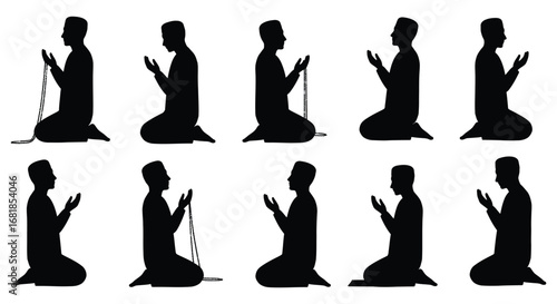 Silhouette of a person in various prayer positions with rosary