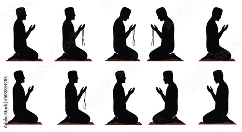 a series of black silhouettes of a person praying in different positions