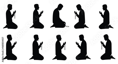 Silhouettes of people kneeling in prayer with rosary beads in various positions