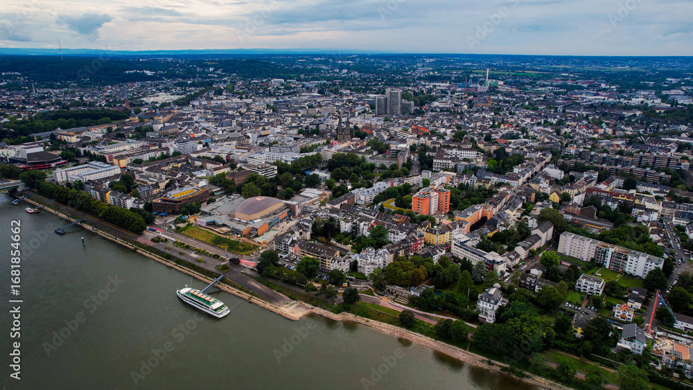 Fototapeta premium Aerial view around the old town of the city Bonn in Germany on a sunny spring noon