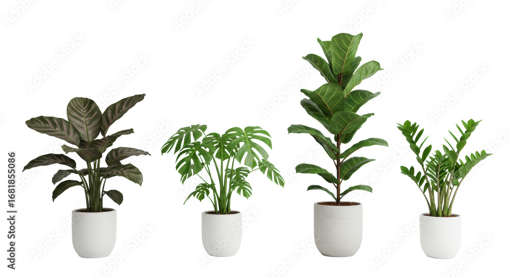 Fototapeta premium Five distinct, healthy Calathea, Monstera, Fiddle Leaf Fig, Snake, and ZZ plants in minimalist pots on a transparent studio background, high-key light. Concept of healthy living