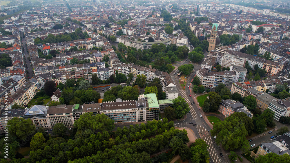 Obraz premium Aerial view around the downtown of the city Düsseldorf in Germany on a cloudy spring noon