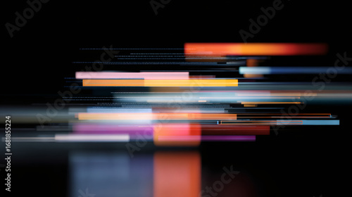 Futuristic moving horizontal light lines abstract pattern. Digital flow of data on black background. Technology in motion concept.