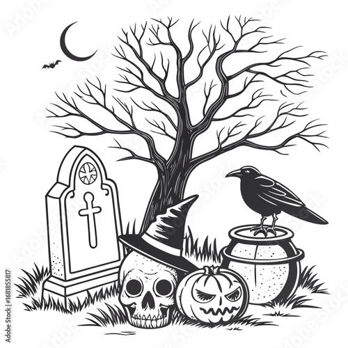 Halloween graveyard scene with skull and crow cemetery
