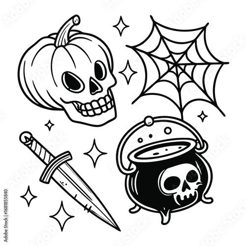 Halloween Icons Skull Pumpkin Cauldron Spiderweb and Dagger