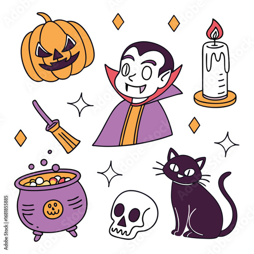 Halloween icons with vampire pumpkin cat candle and cauldron