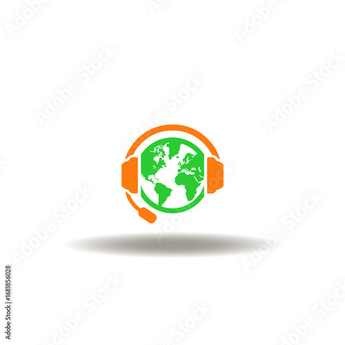 Vector illustration of globe instead of a head together with headphones telephone headset. Symbol of support service. Icon of global call center.