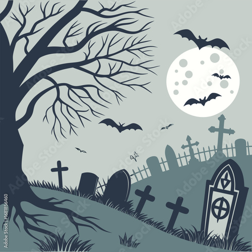 Spooky Halloween graveyard scene with full moon and bats