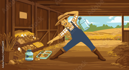 Cheerful farmer enjoys an energetic stretch inside a rustic barn, surrounded by fresh produce and hay, with a vibrant farm field in the background under a clear sky