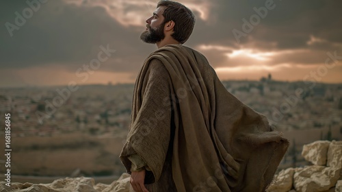 Jeremiah stands atop a shattered city wall at sunset, cloak billowing in the fading light, gazing over desolation with sorrow and faith, symbolizing mourning, resilience, and divine warning.